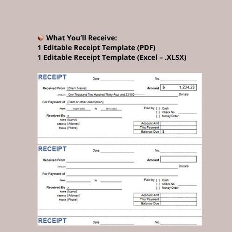 Buy Editable Receipt Template | Minimalist Design, PDF & Excel Online ...