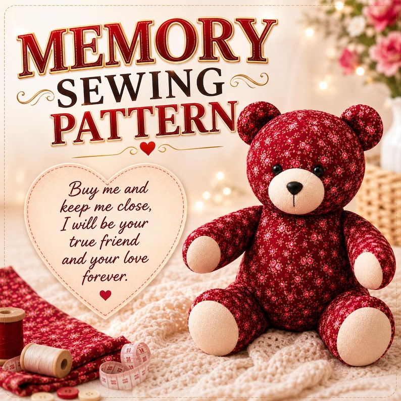 May include: A stuffed teddy bear made of dark red fabric with a small floral pattern, featuring cream-coloured fabric on the muzzle, ears, and paws. The image includes the text "MEMORY SEWING PATTERN" and a heart-shaped note with poetic text.