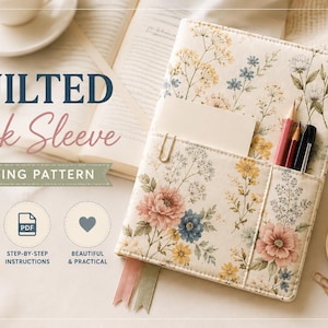 May include: A quilted book sleeve sewing pattern featuring a cream fabric with a floral print of pink, yellow, and blue wildflowers. The design includes a front pocket holding a pencil and pen, with text reading QUILTED Book Sleeve SEWING PATTERN.