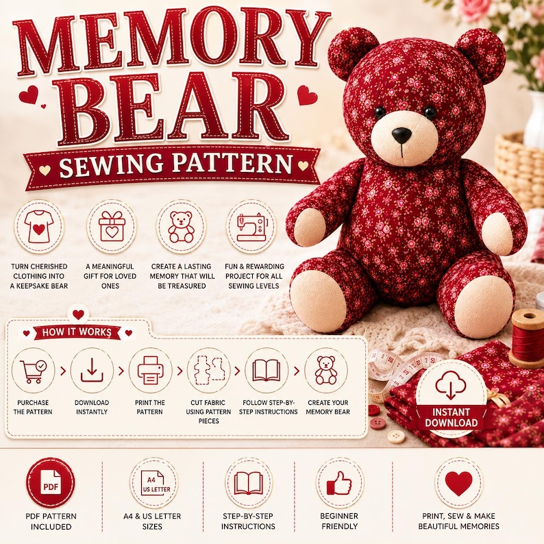May include: A sewing pattern for a memory bear featuring text that reads MEMORY BEAR SEWING PATTERN and HOW IT WORKS. The image displays a dark red teddy bear with a floral pattern, cream-coloured paws, and a snout, alongside icons and instructions.