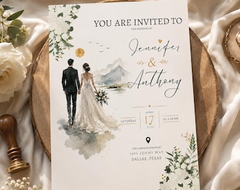 Invitation Wedding Elegant Watercolor  Card, Invitaciones de Boda Digital, Invitacion de Boda Editable, Hochzeitseinladung, Digital Download