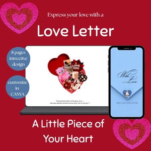 May include: A digital template for a love letter featuring a laptop displaying a heart-shaped gift box with a pink teddy bear, chocolates, and photos, alongside a smartphone showing a blue envelope graphic with the text With Love and Open Our Love Letter.