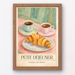 French Café Breakfast art print, kitchen wall art with coffee and croissants, vintage espresso poster, sunny morning dining room décor.