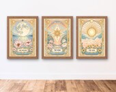 Tarot Wall Art Set of 3 Art Deco Prints, The Moon The Sun The Star, Celestial PDF Download, Witchy Wall Decor, Triptych Witchy wall art