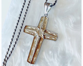 Ciondolo a forma di croce in argento sterling con stella retrò vintage su collana a catena in corda d'argento