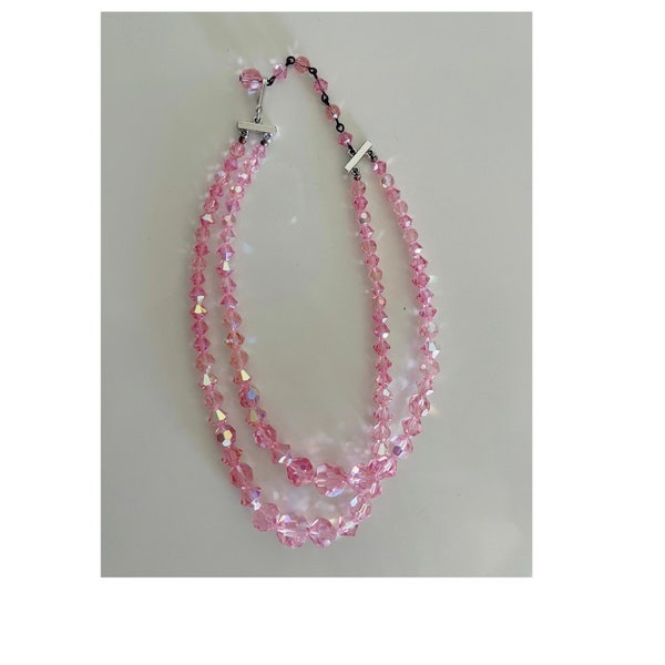 Midcentury pink ab crystal two strand crystal choker necklace