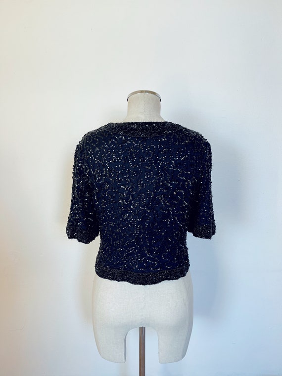 80s does 60s black sequin beaded cardigan size sm… - image 7
