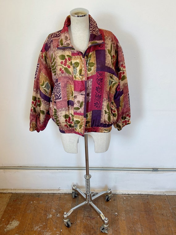 Vintage botanical print silk jacket size small me… - image 2