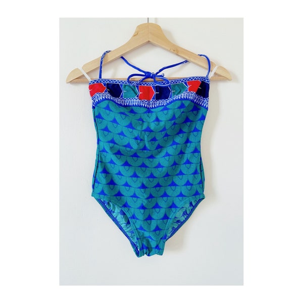 Vntg YSL Yves Saint Laurent peacock halter swimsuit size xs