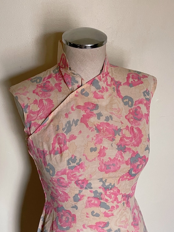 60s pink floral cotton cheongsam dress size small - image 5