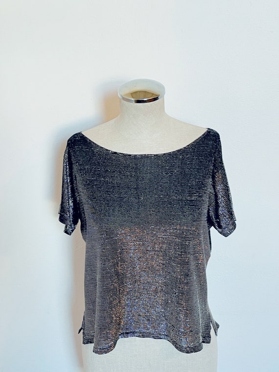 70s gunmetal metallic disco long crop shirt blous… - image 3