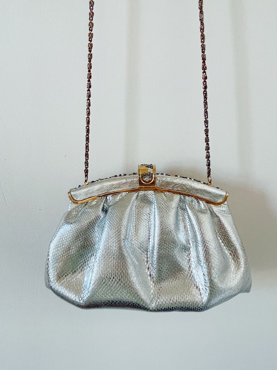 70s silver rhinestone metal chain purse over the … - image 5