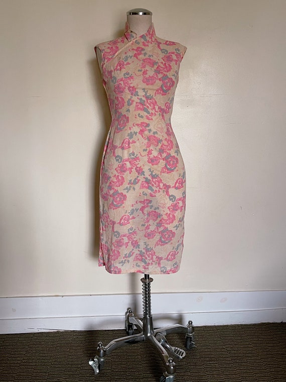 60s pink floral cotton cheongsam dress size small - image 2