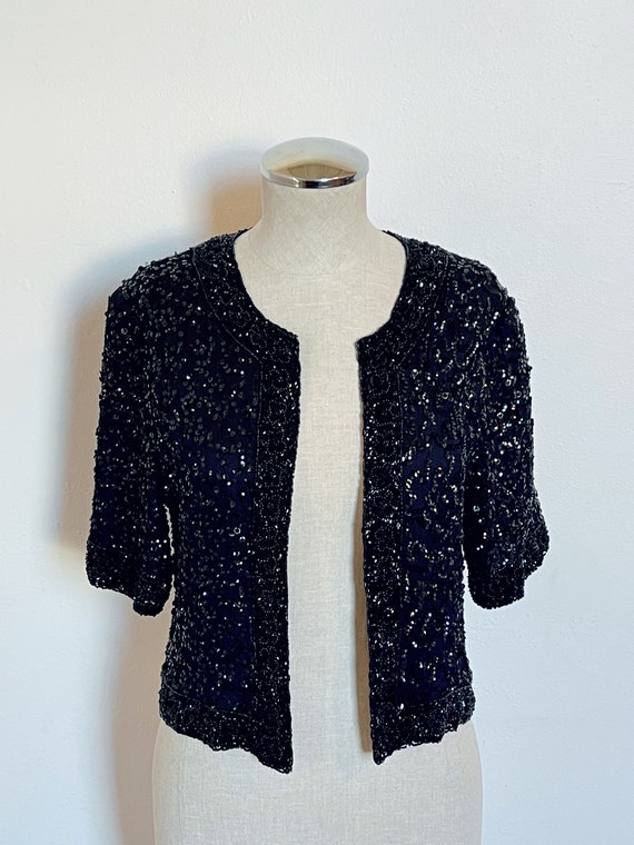 80s does 60s black sequin beaded cardigan size sm… - image 5