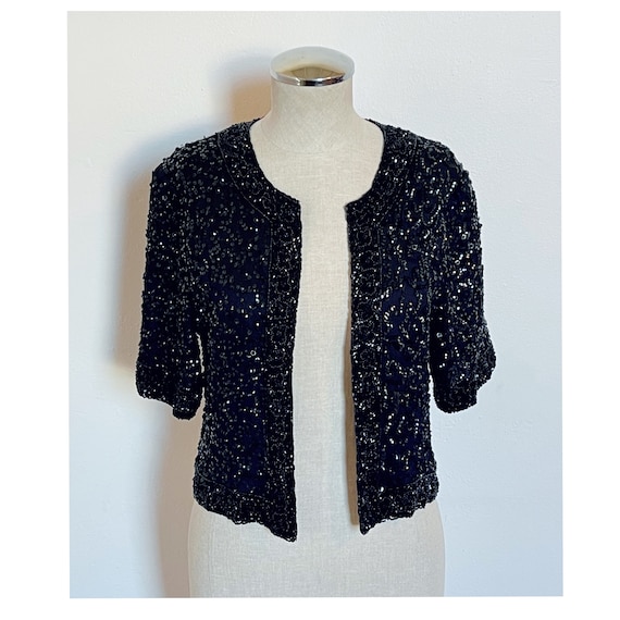 80s does 60s black sequin beaded cardigan size sm… - image 1