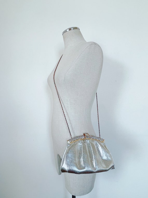 70s silver rhinestone metal chain purse over the … - image 3