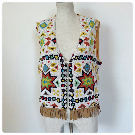 Vintage hand beaded and silk fringe vest size med… - image 1