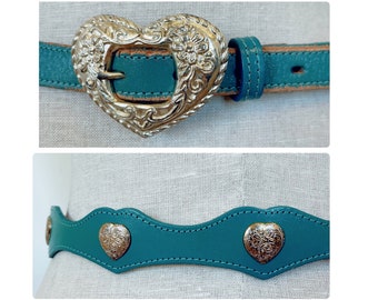 60s or 70s heart buckle teal leather belt size small