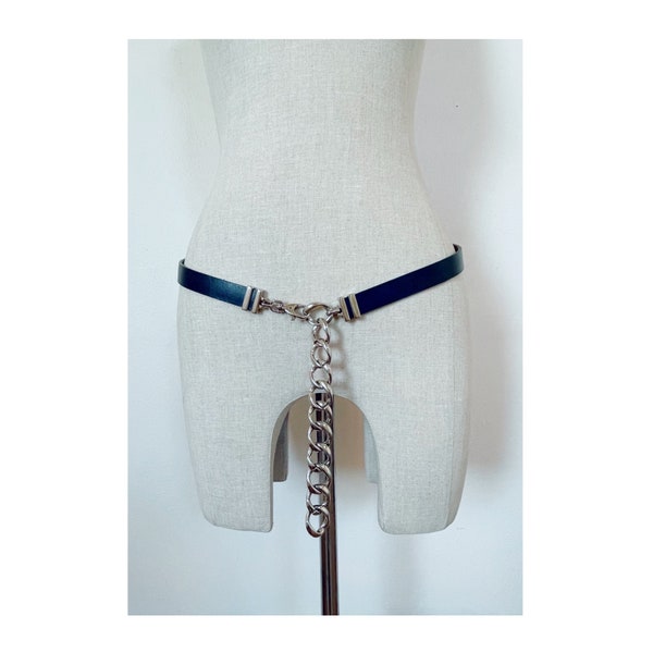 Vintage leather chain belt made in Italy navy blue