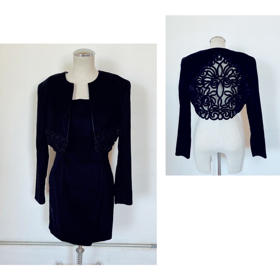 Vntg black velvet dress with decorative jacket co… - image 1
