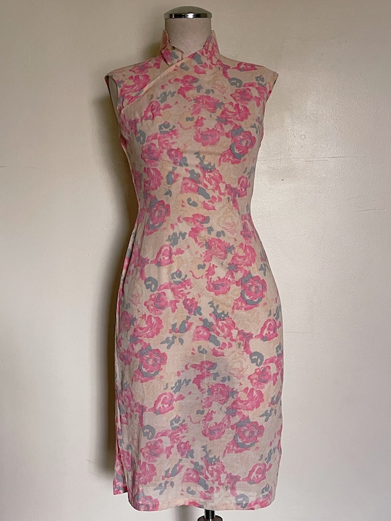 60s pink floral cotton cheongsam dress size small - image 3