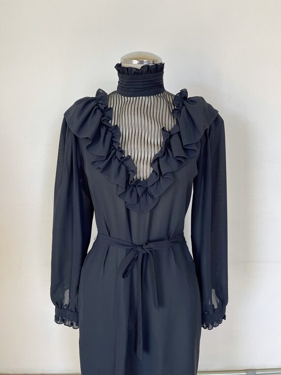 70s does Victorian semi sheer black midi dress si… - image 4