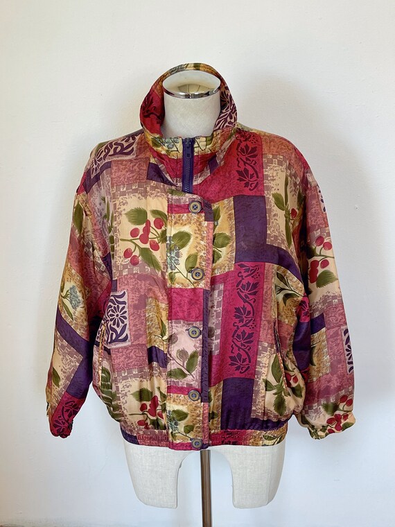 Vintage botanical print silk jacket size small me… - image 5