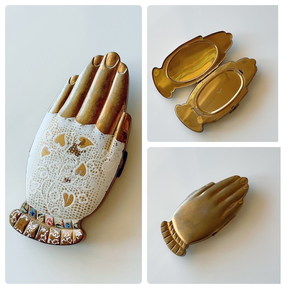 1940s Volupte golden gesture hand compact RARE Ar… - image 1
