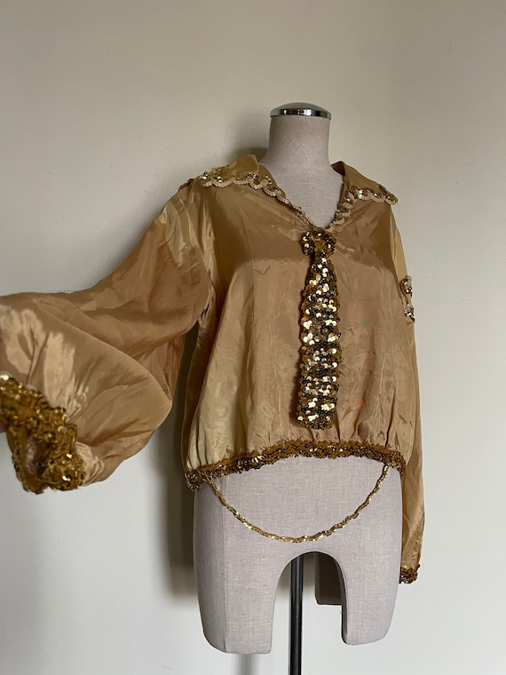 60s or 70s gold sequin tie costume blouse top size