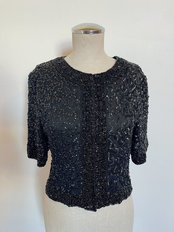 80s does 60s black sequin beaded cardigan size sm… - image 2