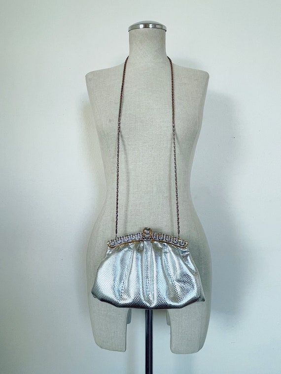 70s silver rhinestone metal chain purse over the … - image 2