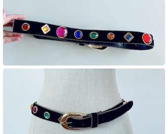 80s bejeweled black leather belt size small medium