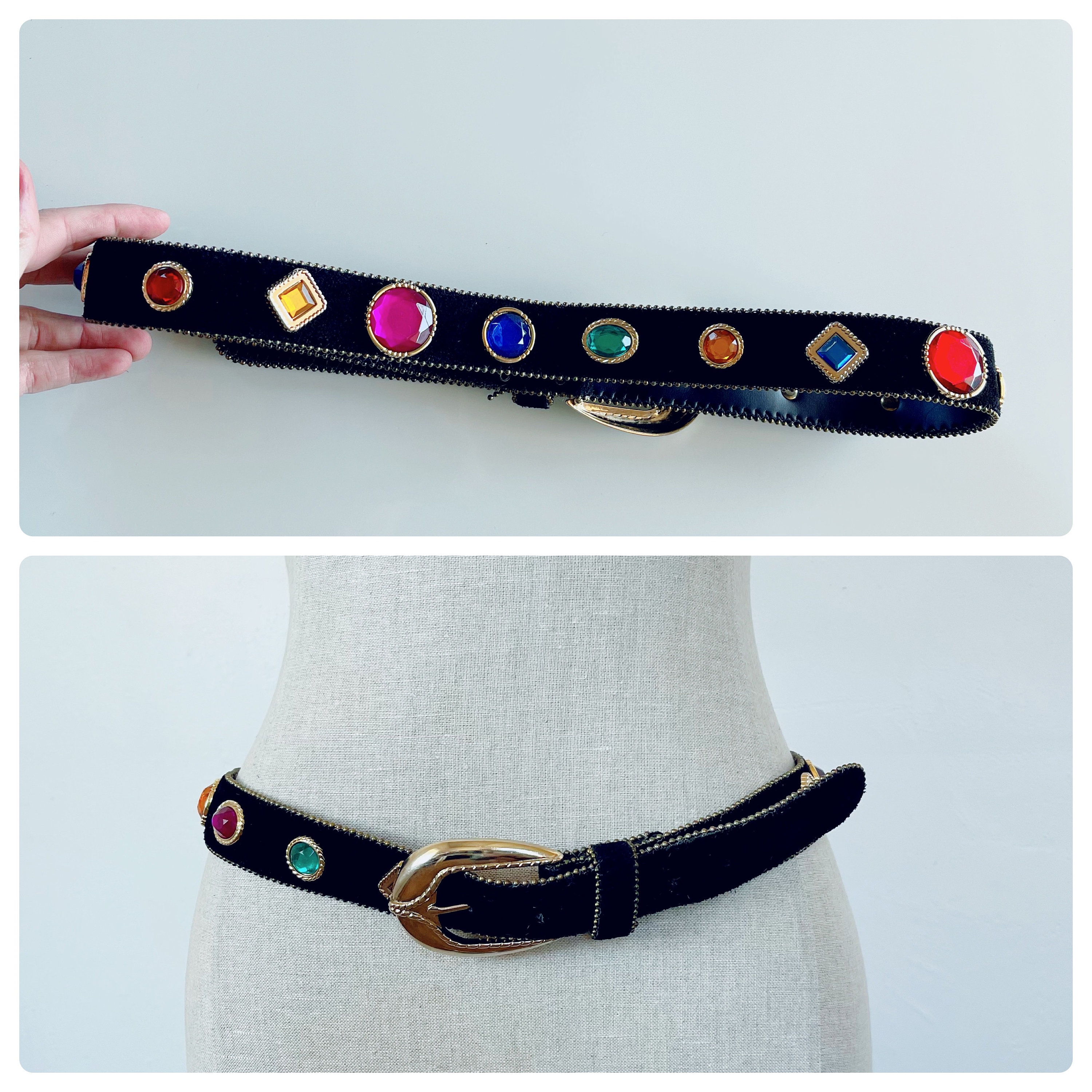 80s Bejeweled Black Leather Belt Size Small Medium - Etsy
