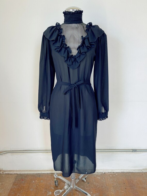 70s does Victorian semi sheer black midi dress si… - image 2