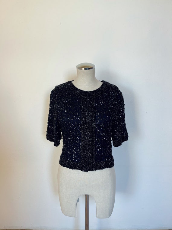 80s does 60s black sequin beaded cardigan size sm… - image 6