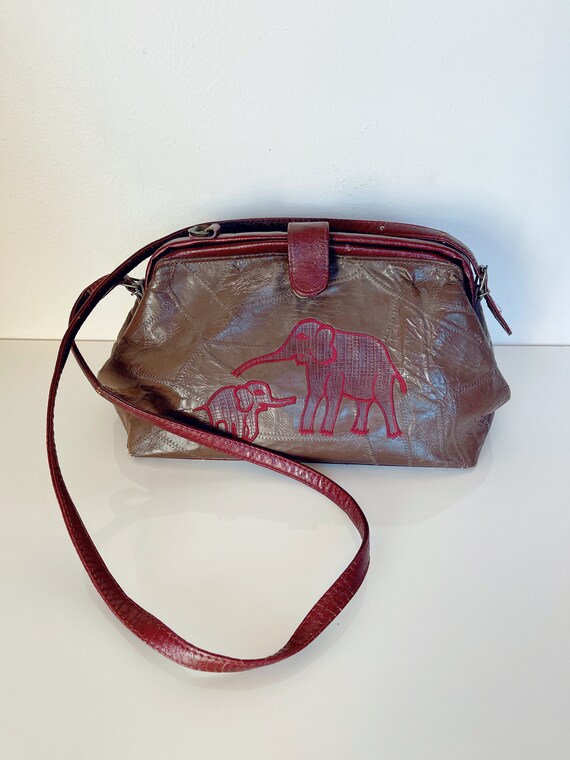 Vntg patchwork leather burgundy elephant over the… - image 3