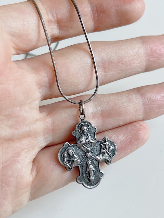 Vntg rosary 4 way cross on liquid sterling silver 