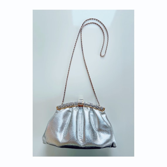 70s silver rhinestone metal chain purse over the … - image 1