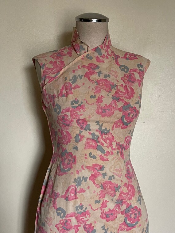 60s pink floral cotton cheongsam dress size small - image 4