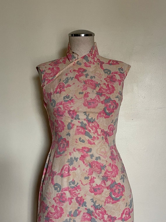 60s pink floral cotton cheongsam dress size small - image 7