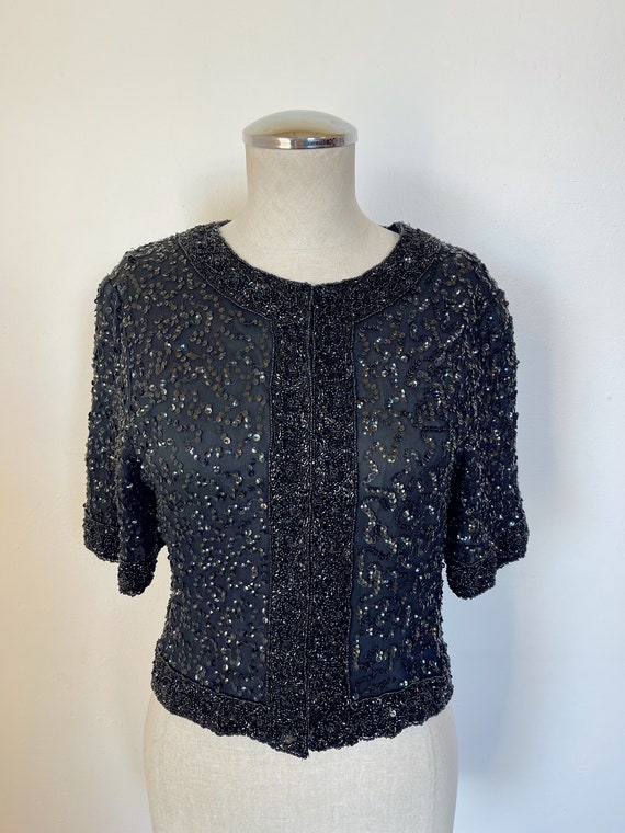 80s does 60s black sequin beaded cardigan size sm… - image 4