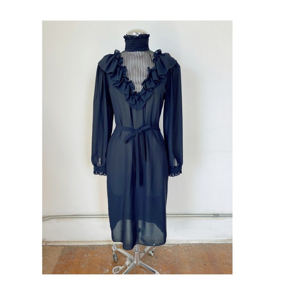 70s does Victorian semi sheer black midi dress si… - image 1