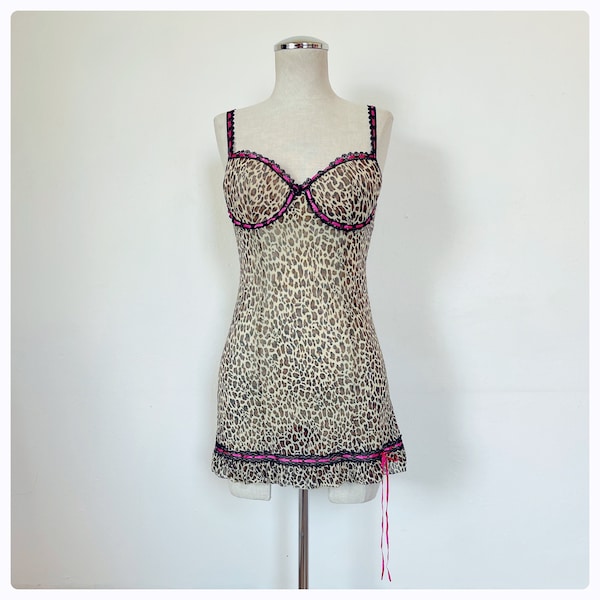 90s leopard print semi sheer mini dress hot pink ribbon bustier lingerie top size medium