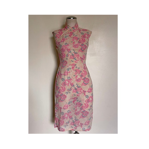 60s pink floral cotton cheongsam dress size small - image 1