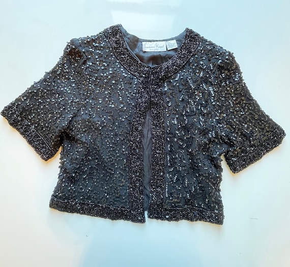 80s does 60s black sequin beaded cardigan size sm… - image 8