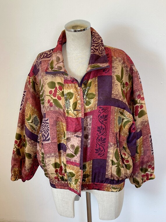 Vintage botanical print silk jacket size small me… - image 3