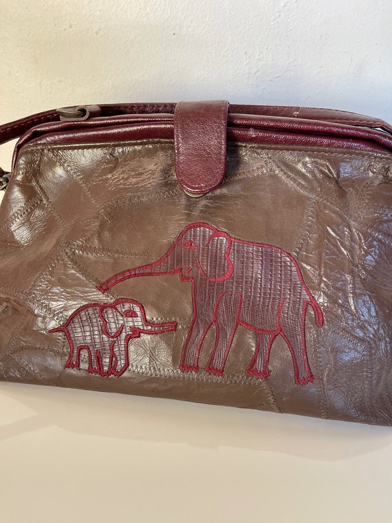 Vntg patchwork leather burgundy elephant over the… - image 2