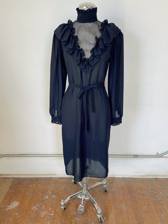 70s does Victorian semi sheer black midi dress si… - image 3