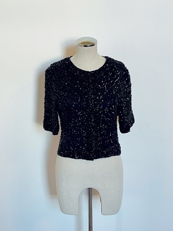 80s does 60s black sequin beaded cardigan size sm… - image 3