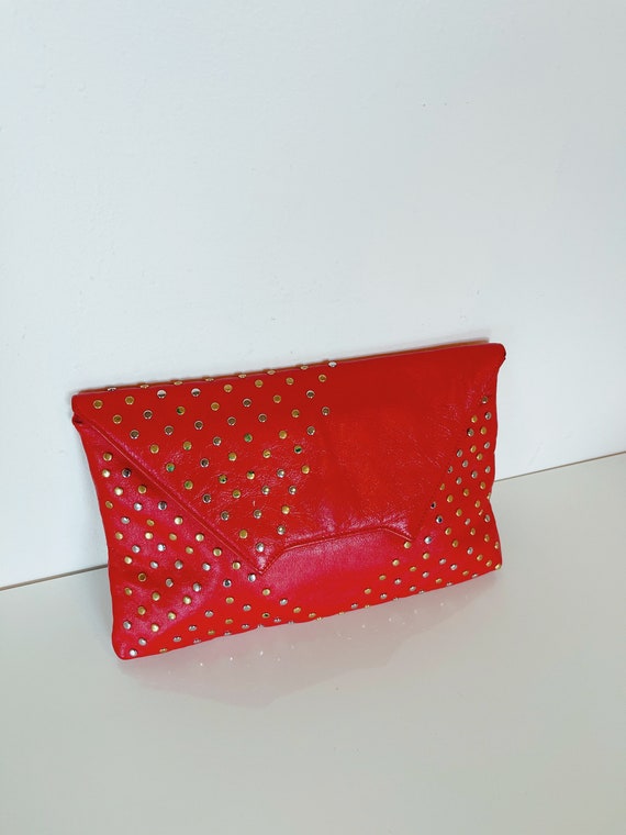 Vntg studded red leather geometric clutch